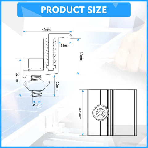 10 Piece Solar Panel End Clamps Set With Z Brackets For PV Mounting System Aluminum Rail Clips Adjustable Mid Clamps product size diagram