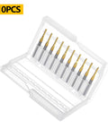 Ten-Piece TiN Coated Solid Carbide End Mills Set for PCB Engraving and CNC Routing, 0.6mm Cutting Diameter, shown in open case