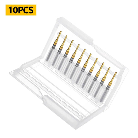 Ten-Piece TiN Coated Solid Carbide End Mills Set for PCB Engraving and CNC Routing, 0.6mm Cutting Diameter, shown in open case