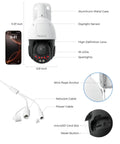 4K UHD PTZ Security Camera With 16X Optical Zoom And 3D Zoom Color Night Vision, spotlight, cables, metal case, and sensor details
