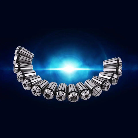 15 Piece ER11 Collet Set for CNC Milling and Engraving Spring Steel Workholding Chuck in various sizes on a blue background