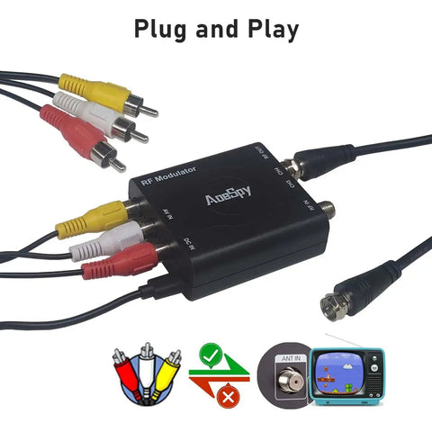 RF Modulator For AV To Coax Output With Channel 3 4 Switch, shown with RCA cables and coax connection for retro gaming setup