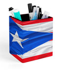 Puerto Rico Flag Pen Holder Desk Organizer with PU Leather Finish, showing pens and markers, square shape, 3.5x4.3 inches