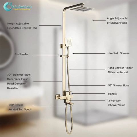 Dope Brushed Gold Shower System With Handheld Spray For Indoor Or Outdoor Use shown with annotated features