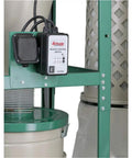 Heavy Duty 5 Horsepower Cyclone Dust Collector with remote control switch mounted on sturdy frame for easy operation.