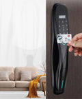 Game Changing Smart Door Lock With Biometric Fingerprint App Control Keyless Entry Security Electronic Lock, hand using ID card.
