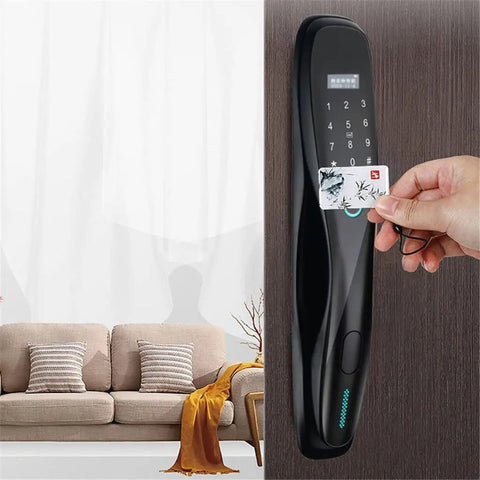 Game Changing Smart Door Lock With Biometric Fingerprint App Control Keyless Entry Security Electronic Lock, hand using ID card.