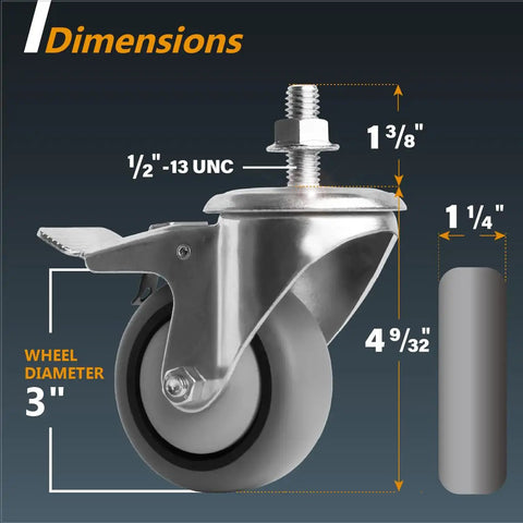 3 Inch Threaded Stem Caster Wheels, Set Of 4 With Brake, showing dimensions and TPR material, heavy duty 600 lb for furniture