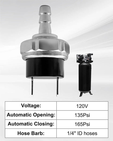 Air Compressor Pressure Switch 135 165 Psi 120V Replacement For 30 Gallon Tanks with specs chart and tank illustration in background