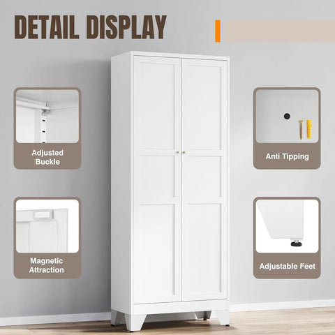 Detail display of Beefy Heavy Duty Metal Pantry Cabinet with features like adjustable buckle, anti-tipping, magnetic attraction, adjustable feet.