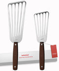 Two Vovoly fish spatulas, 3x6 and 4x8, stainless steel slotted blades with wooden full-tang handles