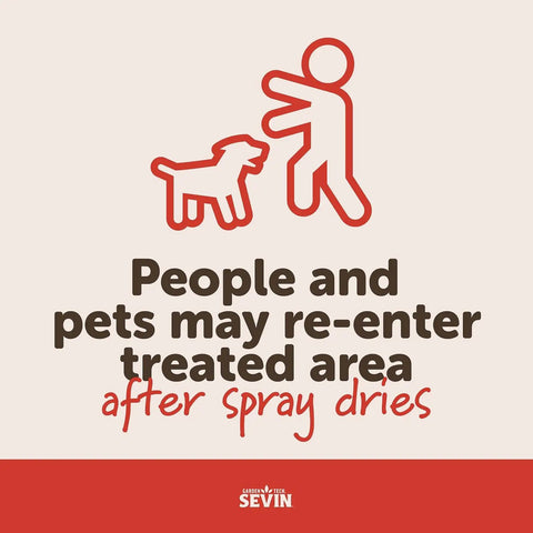 Infographic with text: People and pets may re-enter treated area after spray dries, Ready To Use Insect Killer One Gallon For Gardens And Vegetables