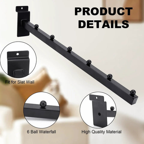 Close-up of the Slatwall Waterfall Hooks Set Of 6, 15.75 Inch Ball Hangers, highlighting metal construction and 6 ball design.
