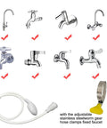 Portable Shampoo Sprayer For Round Faucets With Rubber Hose, compatible with multiple faucet types, adjustable clamp shown.