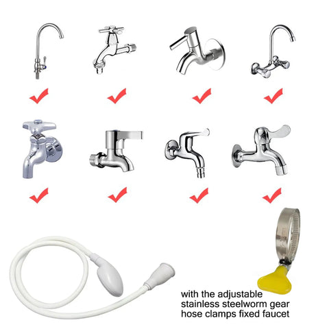 Portable Shampoo Sprayer For Round Faucets With Rubber Hose, compatible with multiple faucet types, adjustable clamp shown.