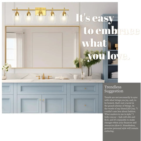 Bathroom with 5 light gold vanity light fixtures over mirror with bell glass shades, blue cabinetry, and decorative elements.