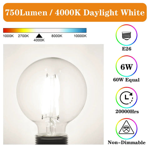 G25 Led Globe Bulbs 60W Equivalent Daylight 4000K 750LM Non Dimmable Glass Edison Style with E26 base, bulb close-up