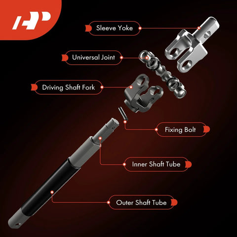 A-Premium upper steering shaft assembly, exploded view with outer/inner tubes, universal joint, sleeve yoke, fork, bolt.