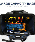 Top view of Heavy Duty Tool Backpack For Electricians And Pros, Waterproof Tool Bag With 600D Durable Build, showing tools inside