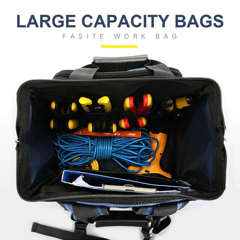 Top view of Heavy Duty Tool Backpack For Electricians And Pros, Waterproof Tool Bag With 600D Durable Build, showing tools inside