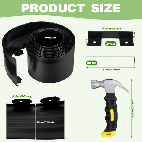 8 Inch Tall 33 Ft Garden Landscape Edging Kit With Hammer And Stakes Black Plastic Border For Lawn And Flower Beds Includes 33 Ft Roll Connectors And 30 Spikes For Quick Easy And Sturdy Installation showing roll, stakes, connectors, hammer.
