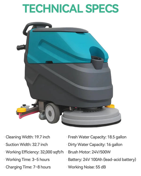 Cordless Walk-Behind Commercial Floor Scrubber Pro With 22 Inch Scrubbing Width, displayed with technical specs infographic.
