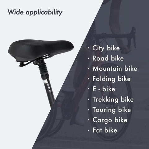 Beefed Up Suspension Seatpost For Bike With 40mm Travel And Adjustable Rebound, black seatpost angled view, wide applicability list