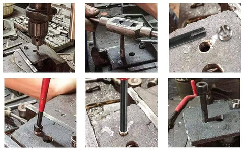 M5 X 0.8 Thread Repair Kit With 25 Stainless Steel Inserts being used with tap, drill bit, and wrench on metal surface