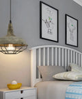 Farmhouse Barn Pendant Light with dimmable hanging ceiling fixture over bed, industrial cage shade, stained charcoal mold finish