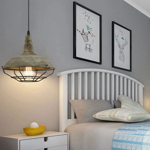 Farmhouse Barn Pendant Light with dimmable hanging ceiling fixture over bed, industrial cage shade, stained charcoal mold finish