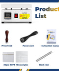 Manual Cellophane Wrapping Machine For BOPP Film Overwrapping And Desktop Heating Sealing, Two Film Options 0.022mm Pro Grade Easy Tear And 0.03mm Regular, Perfect For Perfume And Cosmetic Boxes, PVC Film Compatible, Model LS12-200 product kit layout including press head and power cord