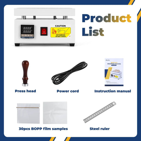 Manual Cellophane Wrapping Machine For BOPP Film Overwrapping And Desktop Heating Sealing, Two Film Options 0.022mm Pro Grade Easy Tear And 0.03mm Regular, Perfect For Perfume And Cosmetic Boxes, PVC Film Compatible, Model LS12-200 product kit layout including press head and power cord