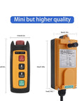 Mini Wireless Overhead Hoist Crane Remote Control With 2 Channel 12V 24V 36V Compatibility shown with dimensions