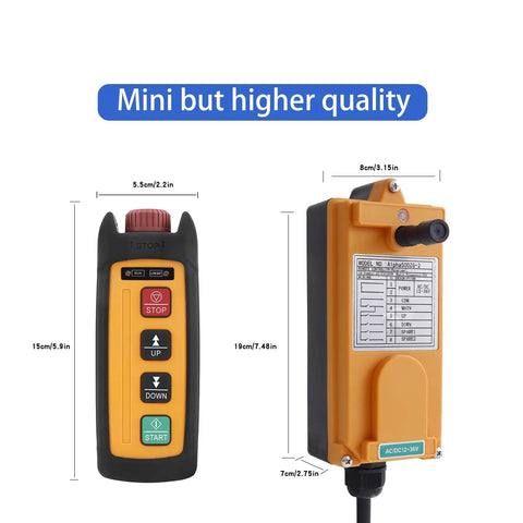 Compact Wireless Industrial Electric Chain Hoist Crane Remote Control Transmitter And Receiver For Mini Overhead Lifting Systems With 2 Channel Operations Ergonomic grip remote control with buttons for up, down, stop functions.