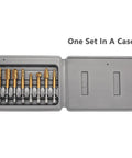 Front view of an 8-piece carbide burr set in a metal case with 1/4 in and 3/8 in diameter bits and 1/4 in hex shanks