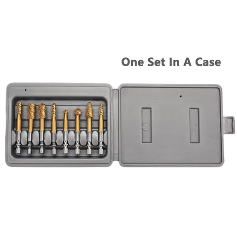 Front view of an 8-piece carbide burr set in a metal case with 1/4 in and 3/8 in diameter bits and 1/4 in hex shanks