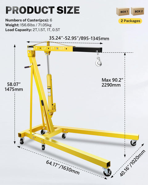 Heavy Duty 2 Ton Hydraulic Engine Hoist Crane Folding Cherry Picker With 4400 Lbs Capacity dimensions and specifications image.