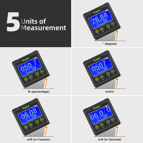 Digital Angle Gauge Protractor With Dual Axis Bubble Level shown with 5 measurement units, including degrees, percentage, mm/m.