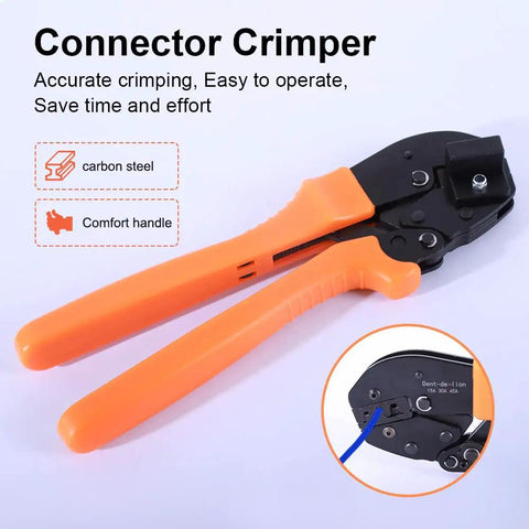 Ratcheting Crimping Tool Kit For 15A 30A 45A Connectors, All In One Set, orange handle, carbon steel, pliers close-up