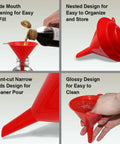 Four Piece Plastic Funnel Set With Nesting Design in Red, showcasing wide mouth, slant-cut ends, nestability, and glossy finish.