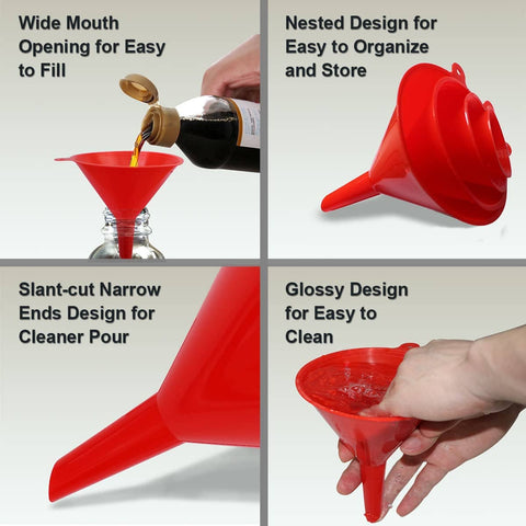 Four Piece Plastic Funnel Set With Nesting Design in Red, showcasing wide mouth, slant-cut ends, nestability, and glossy finish.