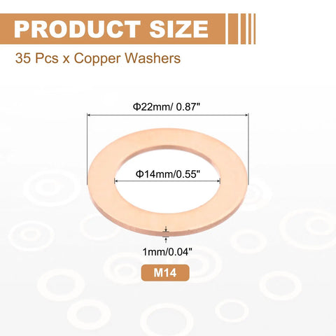 Top Shelf High Grade Copper Crush Washers Assortment Kit showing copper washer size dimensions 14mm by 22mm by 1mm.