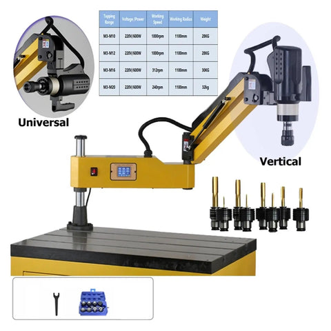 CNC Electric Tapping Machine With Chucks For M3 To M16, Automatic Threading Tool and Touch Screen Control, shown with accessories