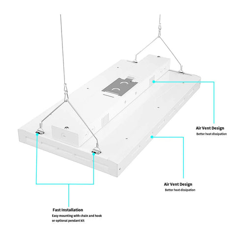 Kickass 2FT Linear LED High Bay Shop Light 165W 22000LM 5000K showing fast installation and air vent design.