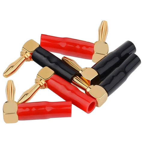 10 Pack 4mm Right Angle Banana Plugs Gold Plated Connectors With Soft Plastic Sheath For Wire Holes 90 Degree Bend Red Color Perfect For Audio Speaker Wiring And DIY Projects