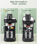 Killer Crema Game Changer Espresso Machine With Solid Six Bar Pressure, demonstrating locked and unlocked handle positions.