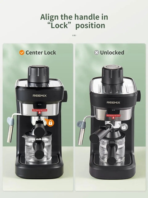 Killer Crema Game Changer Espresso Machine With Solid Six Bar Pressure, demonstrating locked and unlocked handle positions.