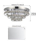3 Tier Crystal Chandelier LED Flush Mount Ceiling Light 13.8 Inch Round Fixture for Bedroom Dining Living Room Cool White 6000K 42W K9 Crystal with Stainless Steel Finish Ideal for Modern Homes and Entertaining, measurement comparison with a tablet, showing diameter and height dimensions.