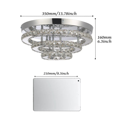 3 Tier Crystal Chandelier LED Flush Mount Ceiling Light 13.8 Inch Round Fixture for Bedroom Dining Living Room Cool White 6000K 42W K9 Crystal with Stainless Steel Finish Ideal for Modern Homes and Entertaining, measurement comparison with a tablet, showing diameter and height dimensions.