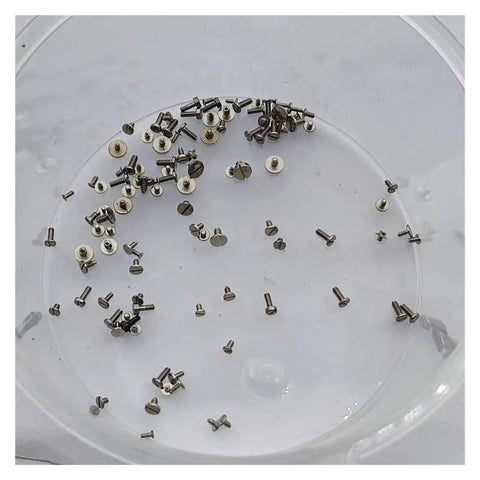 Close-up of the 100 Piece Watch Movement Screw Set With Assorted Original Size Screws For Repairs And DIY on a clear dish